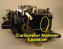 Picture of Y40-2E Rochester Quadrajet marine carburetor with location of carburetor number