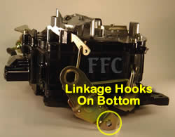 Picture of Y40-2B Rochester Quadrajet marine carburetor showing how throttle linkage hooks on bottom