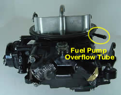 Picture of Y42-1CL two barrel Holley 2300 marine carburetor with location of fuel pump overflow tube - view 2