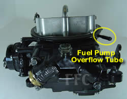 Picture of Y42-1F two barrel Holley 2300 marine carburetor with location of fuel pump overflow tube - view 2