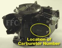 Picture of Y38-84 2 barrel MerCarb TKS marine carburetor with location of fuel pump overflow tube and carburetor number