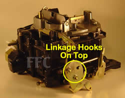 Picture of Y40 Rochester Quadrajet marine carburetor showing how throttle linkage hooks on top