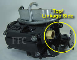 Picture of Y42 two barrel Holley 2300 marine carburetor showing fuel inlet on top same side as throttle linkage