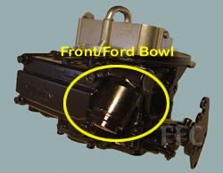 Picture of Y42 two barrel Holley 2300 marine carburetor showing fuel inlet for Ford in front by bowl