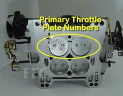 Picture of Y43 four barrel Weber/Carter AFB marine carburetor showing location of primary throttle plate numbers