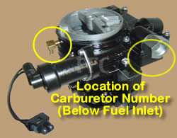 Picture of Y38-86 2 barrel MerCarb TKS marine carburetor with location of fuel pump overflow tube and carburetor number