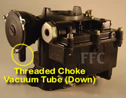 Picture of Y39-2D 2 barrel Rochester marine carburetor with location of threaded choke vacuum tube (down)
