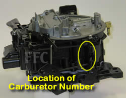 Picture of Y40-1E4 Rochester Quadrajet marine carburetor with location of carburetor number