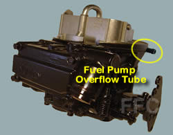 Picture of Y42-1F two barrel Holley 2300 marine carburetor with location of fuel pump overflow tube - view 2