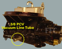 Picture of Y42-2F two barrel Holley 2300 marine carburetor showing 3/8 PCV vacuum line tube