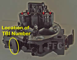 Picture of location of marine TBI number on Rochester Y45-2 throttle body injection for 17096259, 17097230, and 17093193
