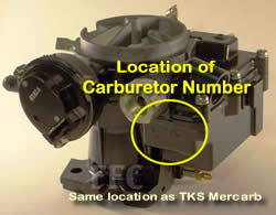 Picture of Y38-84 2 barrel MerCarb TKS marine carburetor with location of fuel pump overflow tube and carburetor number