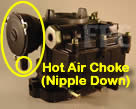 Picture of Y39 COT 2 barrel Rochester marine carburetor with hot air choke located at top of carburetor with nipple facing down
