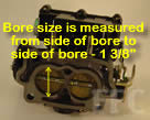 Picture of Y39-3 2 barrel Rochester marine carburetor showing that bore size is measured from side to side of bore and ia 1 3/8 inches