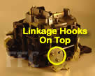 Picture of Y40 Rochester Quadrajet marine carburetor showing how throttle linkage hooks on top