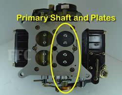 Picture of Y41-2F four barrel Holley Model 4160 marine carburetor showing location of primary shaft and plates