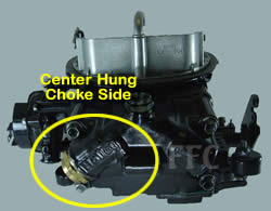 Picture of Y42 two barrel Holley 2300 marine carburetor showing center hung fuel inlet on choke side